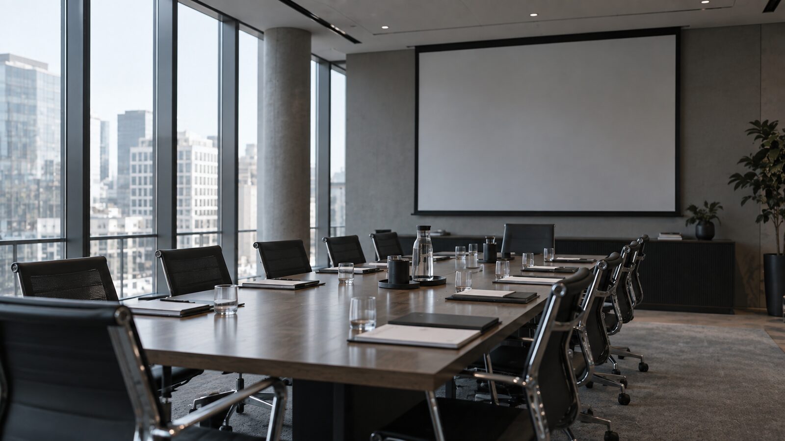 Leerer Konferenzraum im Hochhaus mit langem Tisch, Leinwand und Blick auf die Skyline.
