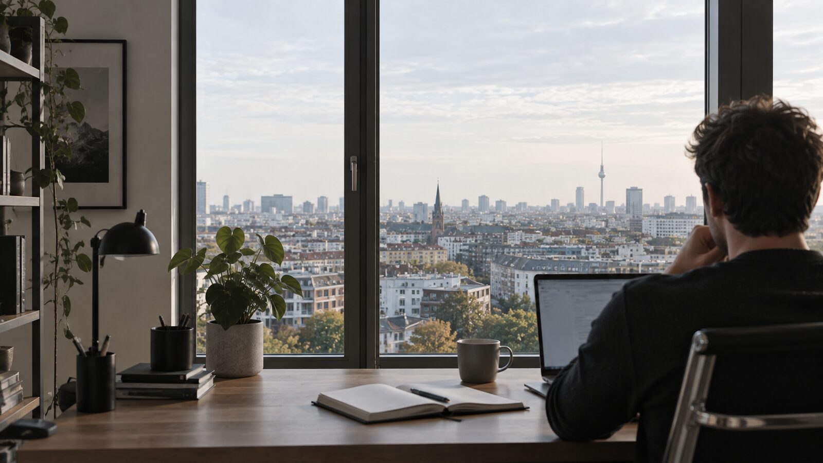 Person arbeitet am Laptop an einem Fensterplatz mit Blick über die Dächer Berlins.