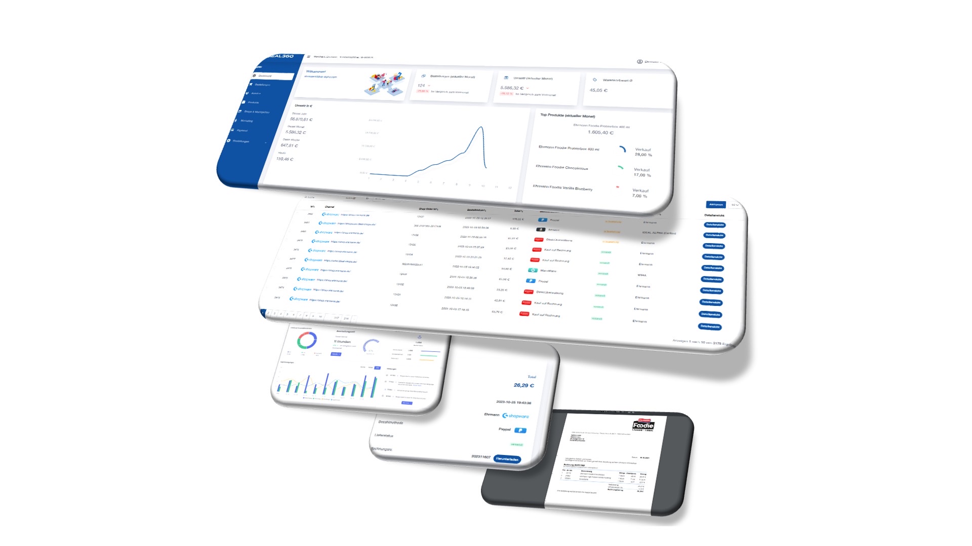 Angled screen mockups of the IDEAL360 dashboard showing a revenue curve, an order table, charts and a receipt.