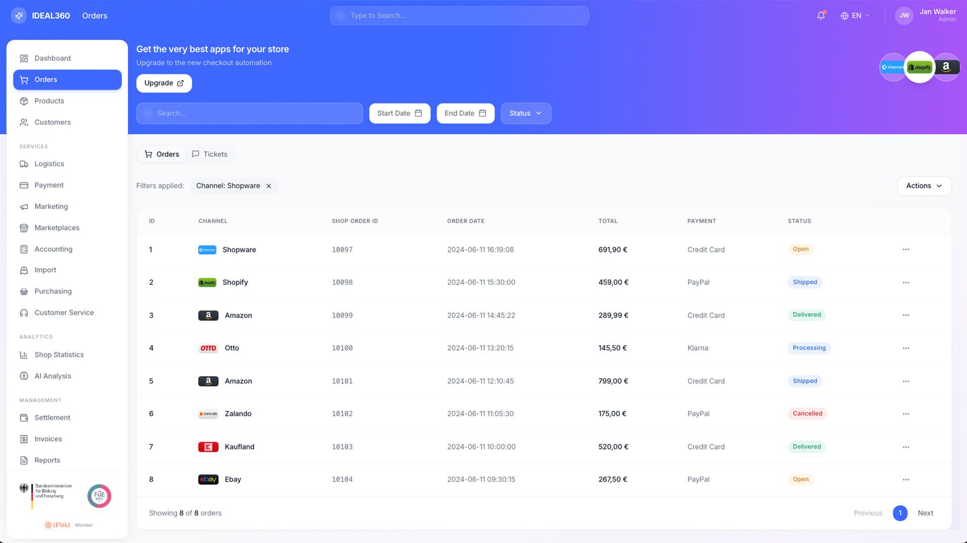 Order list in IDEAL360 with channel, order number, date, amount, payment method and status per row, filtered by one channel.