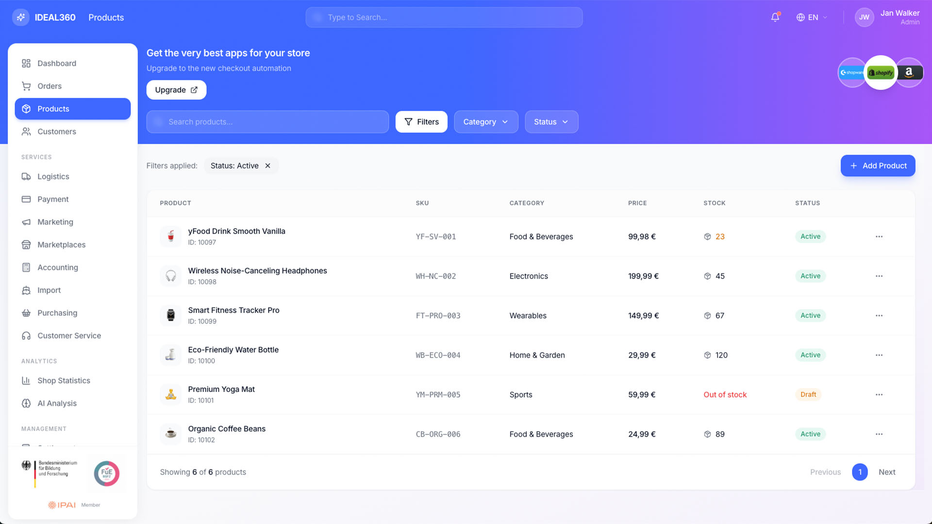 Product list in IDEAL360 with item image, SKU, category, price, stock and status, filtered to active items.