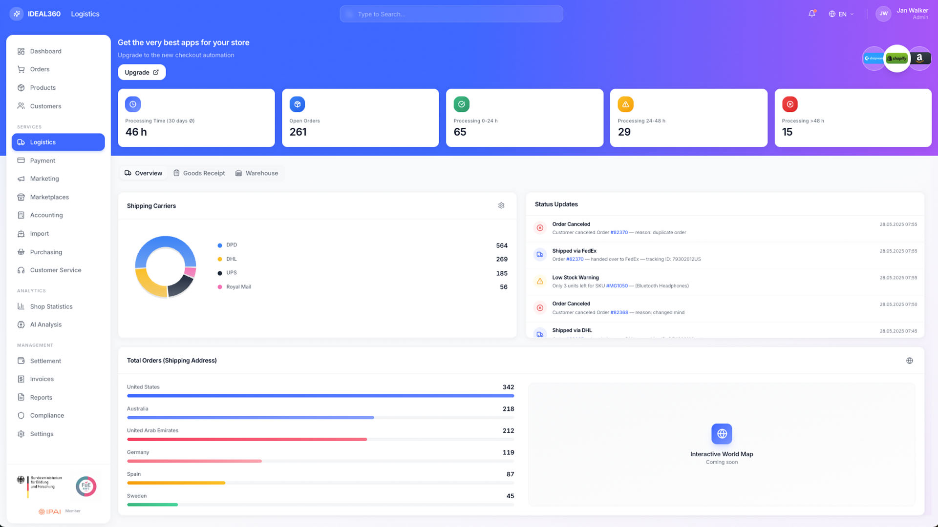 Logistics view in IDEAL360 with processing times, a donut chart of carriers, status updates and orders by destination country.