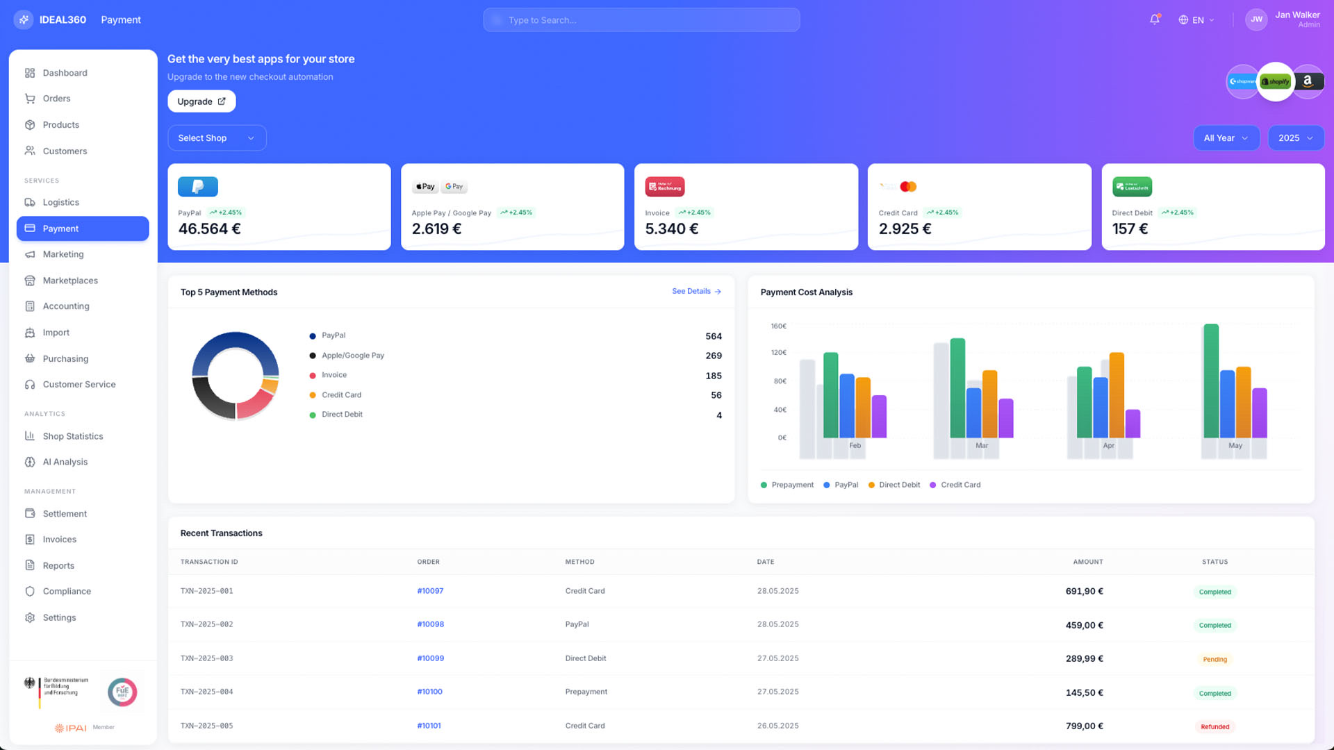 Payment view in IDEAL360 with a tile per payment method, a donut chart of the most used methods, a cost analysis and a transaction list.