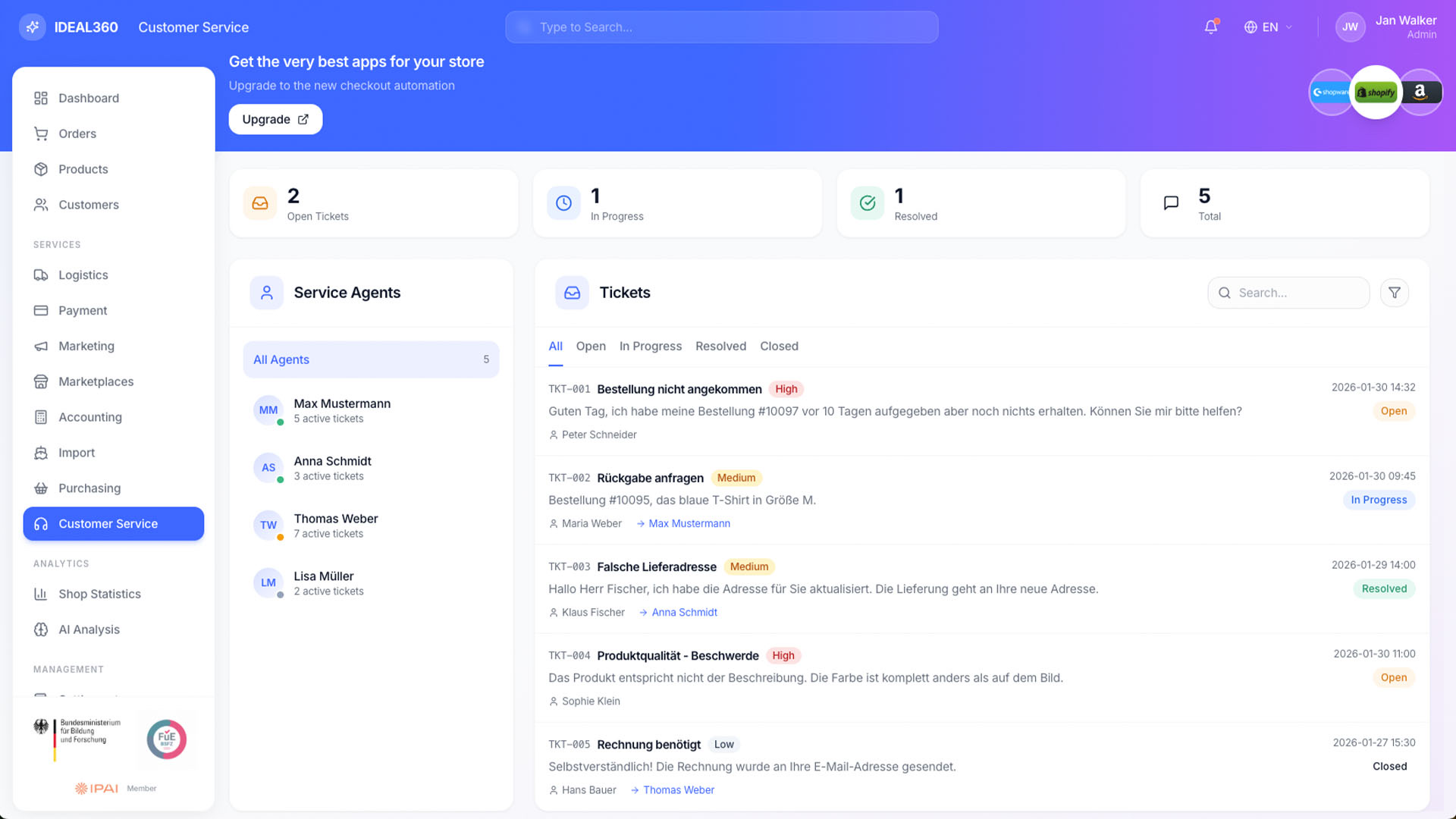 Customer service view in IDEAL360 with ticket counters, a list of service agents and tickets by priority, subject and status.