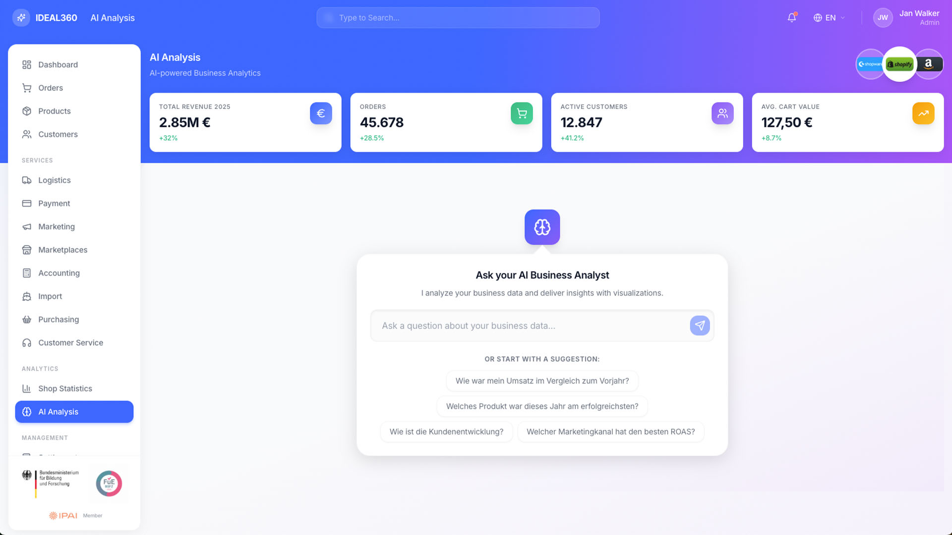 AI analysis in IDEAL360 with key figures at the top and an input field for asking questions about your own business data, with suggested questions below.