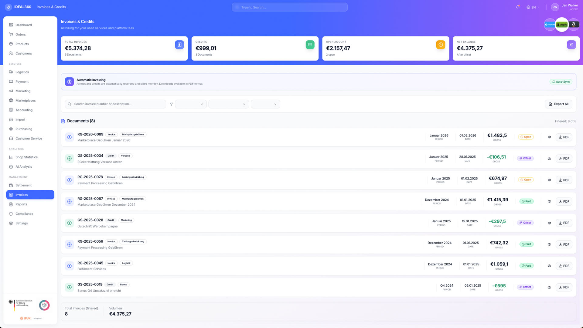 Settlement view in IDEAL360 listing invoices and credit notes with document number, type, period, amount, status and a PDF download per row.