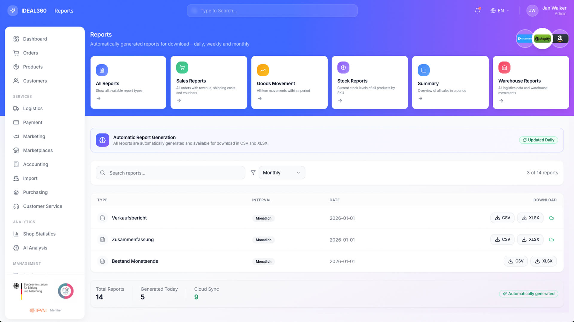 Reports view in IDEAL360 with tiles for sales, goods movement, stock and warehouse reports and a list of recently generated reports as CSV and XLSX downloads.
