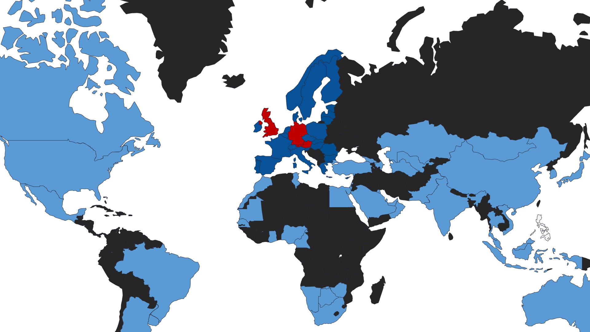 Weltkarte, auf der Deutschland und Großbritannien rot, das übrige Europa dunkelblau und weitere Länder hellblau eingefärbt sind.