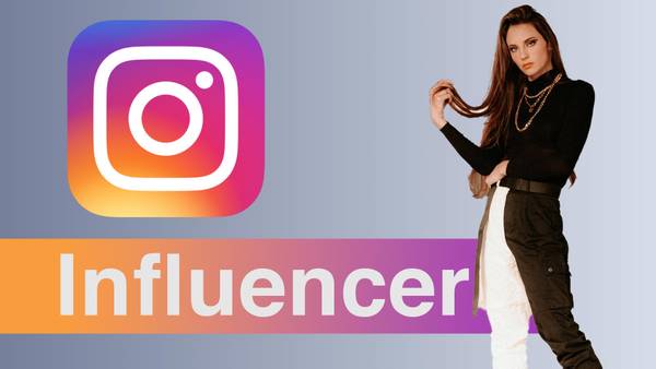 Instagram Logo, rechts im Bild eine Frau