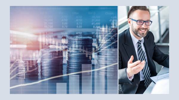 Montage of coin stacks, stock quotes and a man in a suit at a desk.