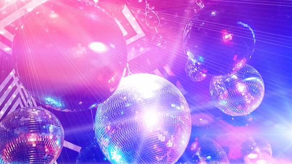 Disco balls against a pink and violet gradient.