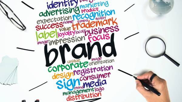Word cloud around the large word brand with terms such as identity, trademark and recognition.